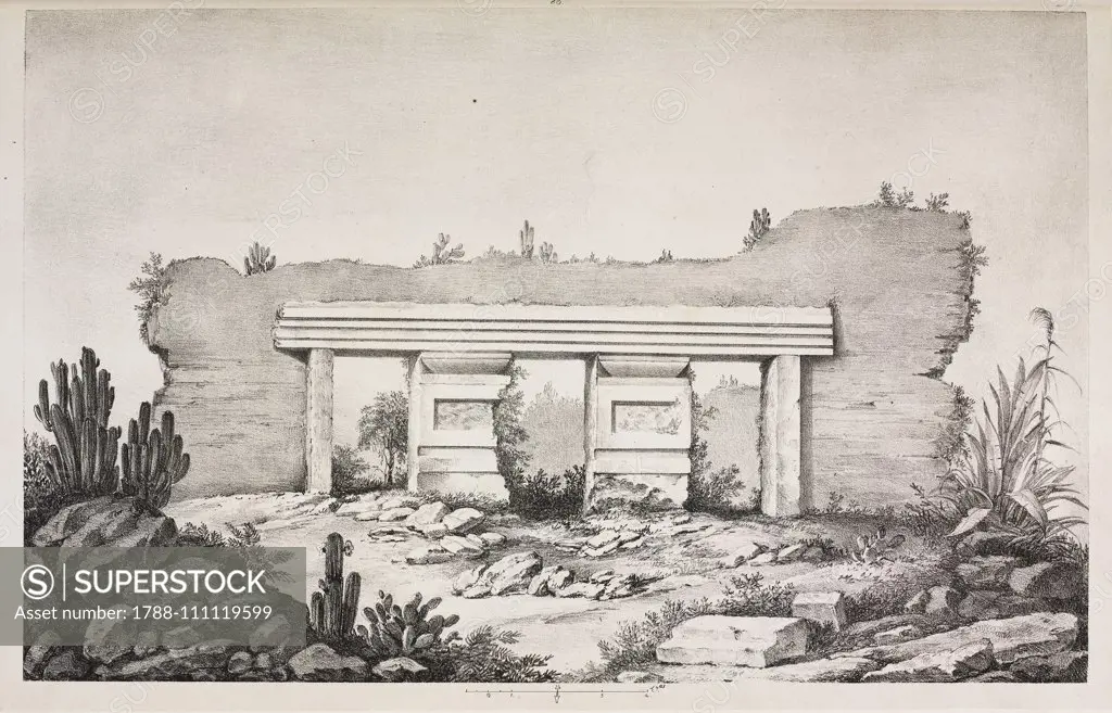 Remains of a wing of a building, Mitla, Oaxaca, Mexico, Zapotec civilization, engraving from Antiquities of Mexico: comprising fac-similes of ancient Mexican paintings and hieroglyphics, by Edward King Kingsborough, volume IV, plate 80, 1831-1848, London.