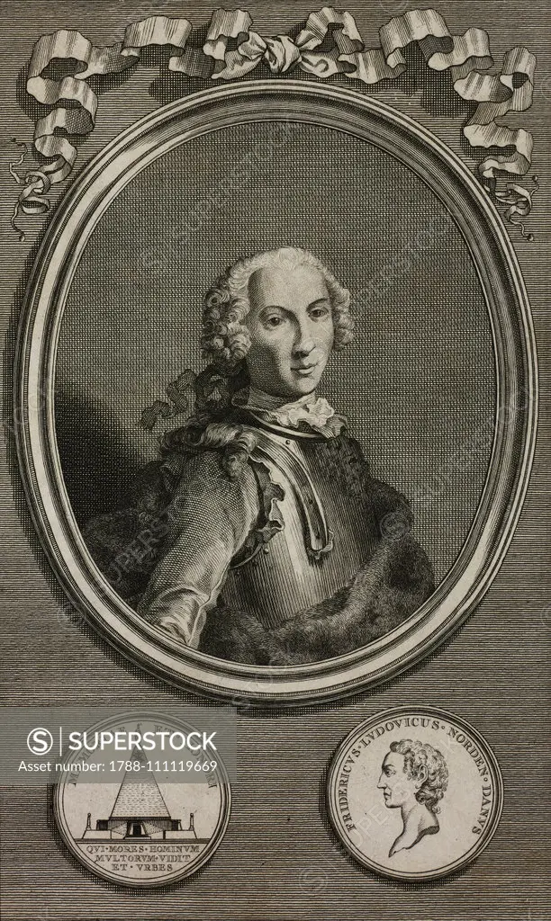 Portrait by Frederic-Louis Norden (1708-1742), Danish explorer, engraving from Voyage d'Egypte et de Nubie (Journey to Egypt and Nubia), Volume I, by Frederic-Louis Norden, 1795, Paris.