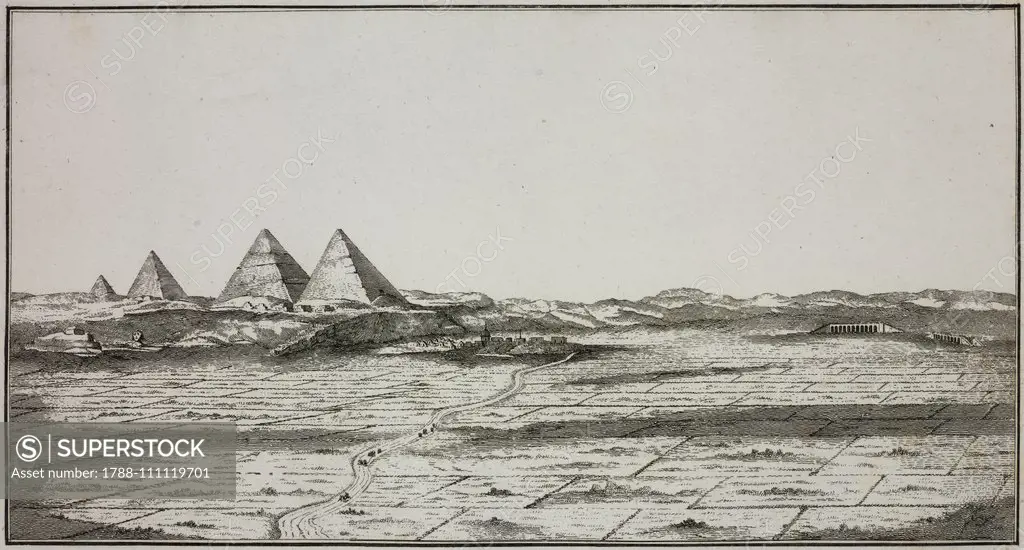 Pyramids of Giza, on the left the partially buried Sphinx, Egypt, engraving from Voyage d'Egypte et de Nubie (Journey to Egypt and Nubia), Volume I, Plate XLII, by Frederic-Louis Norden, 1795, Paris.