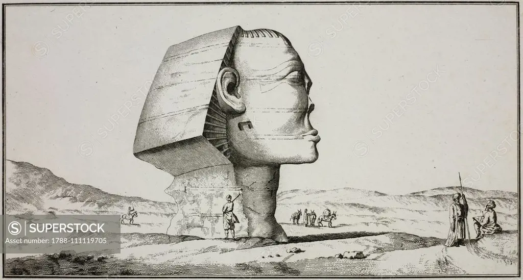 Profile of the Sphinx, Egypt, engraving from Voyage d'Egypte et de Nubie (Journey to Egypt and Nubia), Volume I, Plate XLVII, by Frederic-Louis Norden, 1795, Paris.