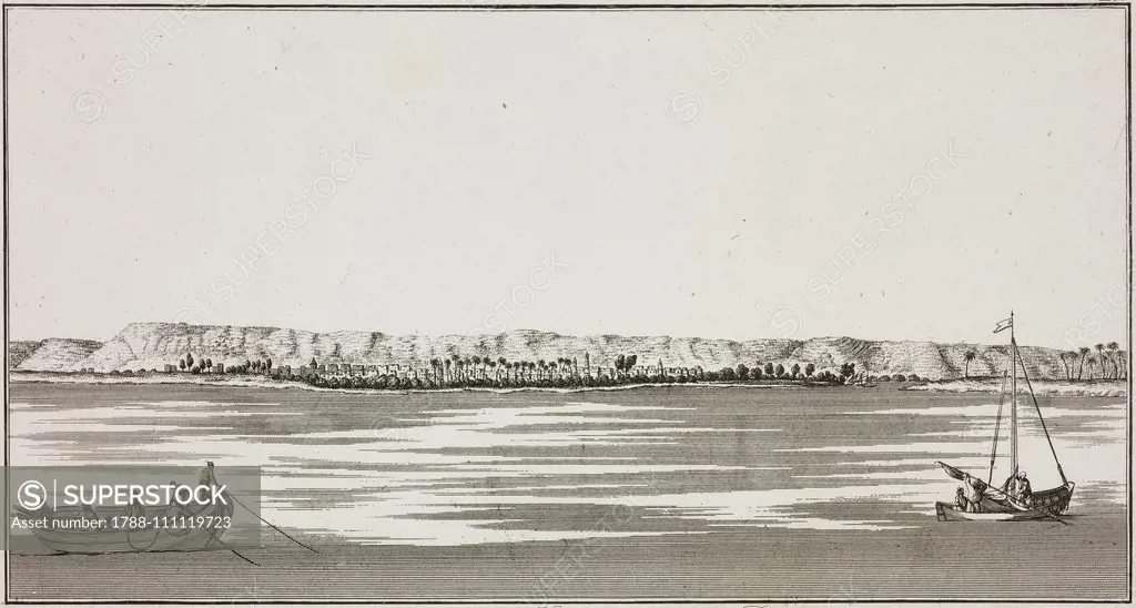 City of Akhmim, Egypt, engraving from Voyage d'Egypte et de Nubie (Journey to Egypt and Nubia), Volume II, Plate XCI, by Frederic-Louis Norden, 1795, Paris.