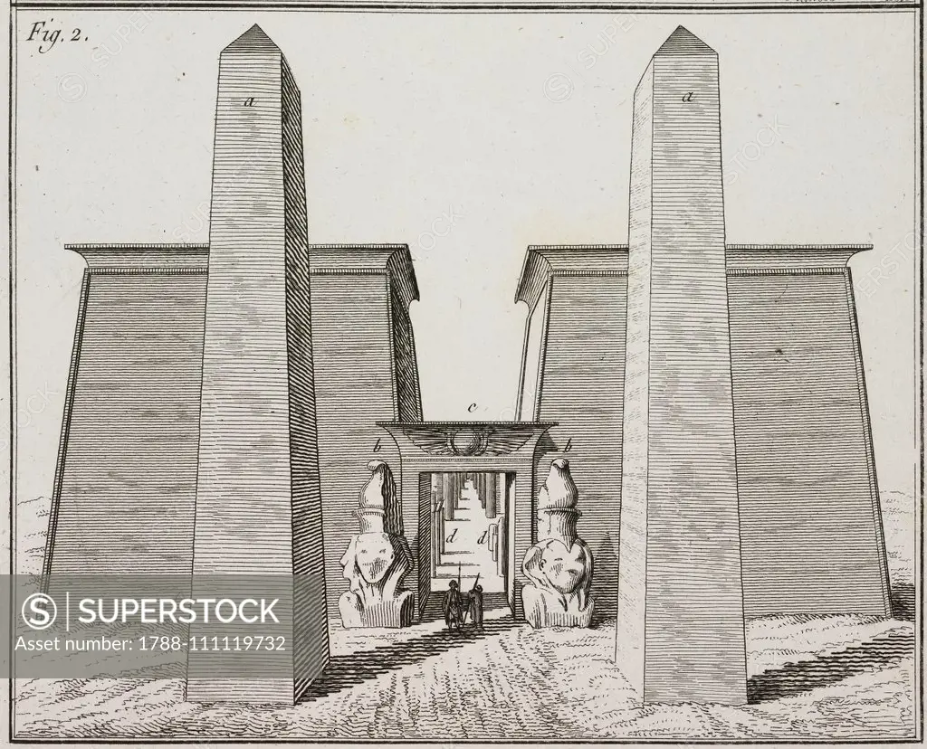 First pylon of the Temple of Luxor with: (a) obelisks; (b) statues of Ramses; (c) Portal; (d) Part of the Porch; (e) Great colonnade, Egypt, engraving from Voyage d'Egypte et de Nubie (Journey to Egypt and Nubia), Volume II, Plate CVI, by Frederic-Louis Norden, 1795, Paris.