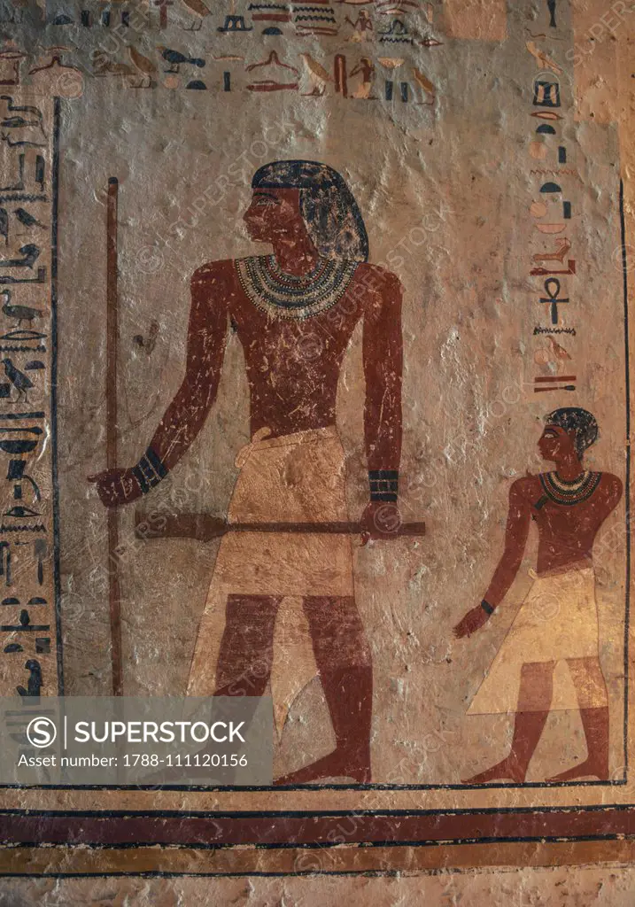 Sarenput, holding the reed and the Sekhem sceptre, followed by his son Ankhu, mural painting, Tomb of Sarenput II, Qubbet el-Hawa necropolis, near Aswan, Egypt. Egyptian civilization, Middle Kingdom, 12th dynasty.