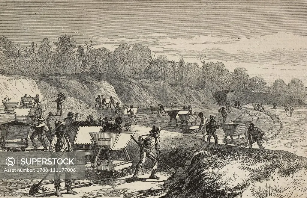 The construction of the Panama Canal, engraving