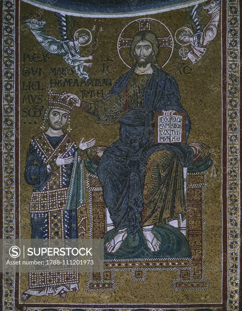 William II receiving the royal crown from Christ, 13th-century mosaic, Monreale cathedral, Monreale (UNESCO World Heritage List, 2015), Sicily, Italy.