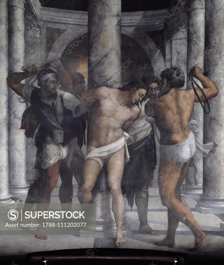 Flagellation of Christ, 1516-1522, oil on wall painted by Sebastiano del Piombo (1485-1547), inside the Church of San Pietro in Montorio (UNESCO World Heritage List, 1980), Rome, Lazio, Italy.