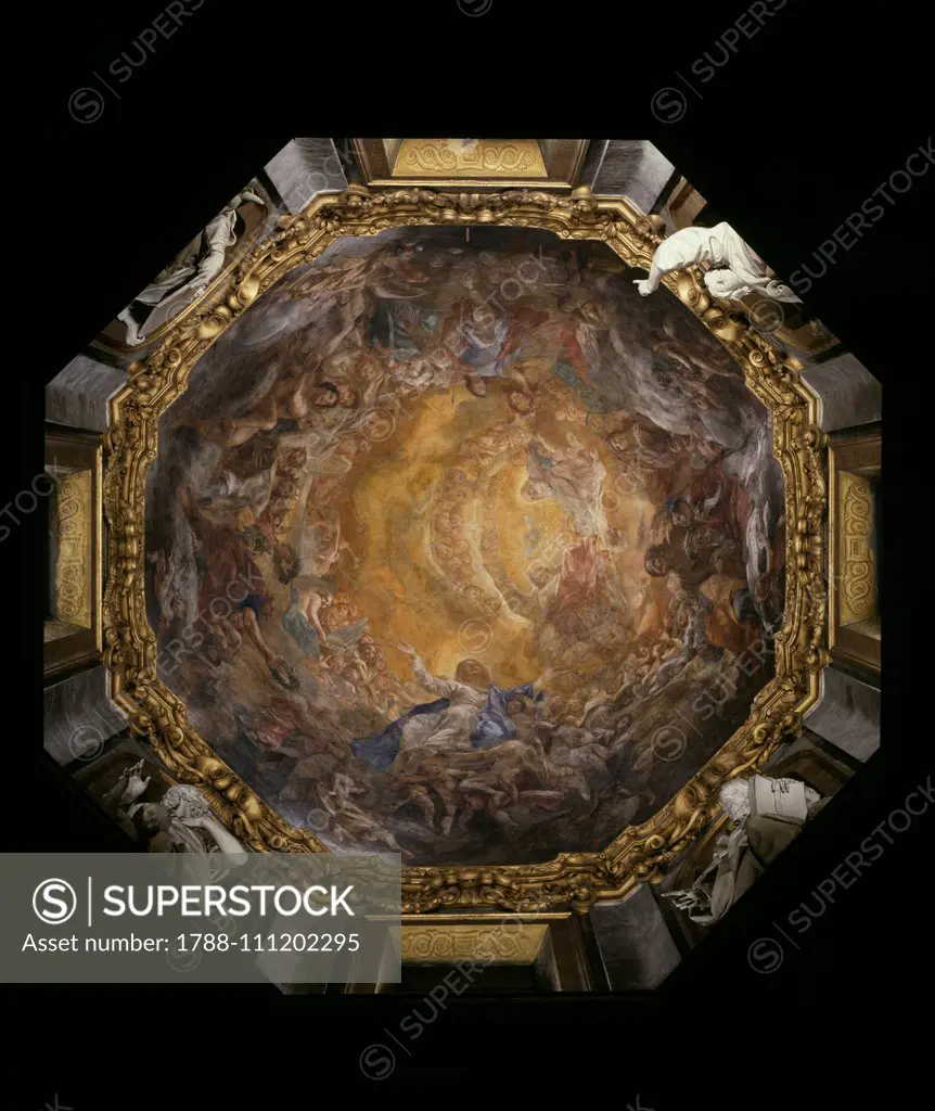 Assumption of Virgin Mary, 1702-1706, by Carlo Cignani (1628-1719), fresco of the dome, chapel of Madonna del Fuoco, Cathedral of Forli, Emilia-Romagna, Italy, 17th century.