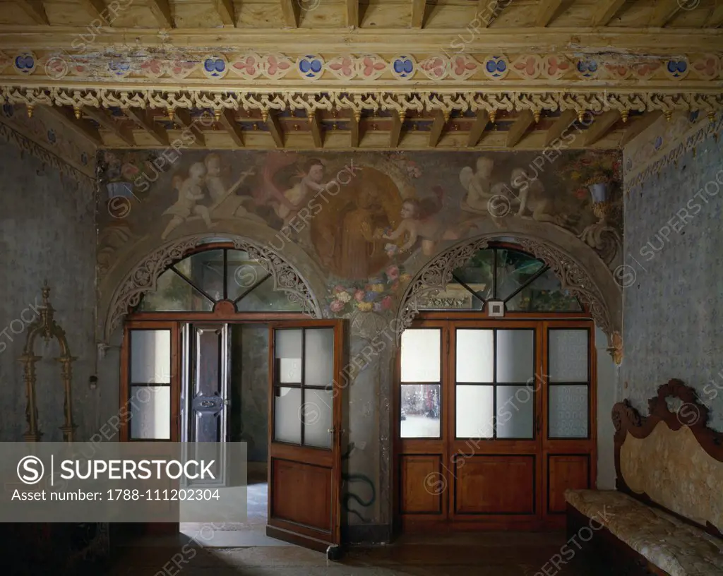 Waiting room of the chemist's shop of the Trisulti Charterhouse, frescoed by Filippo Balbi (1806-1890), Collepardo, Lazio, Italy.