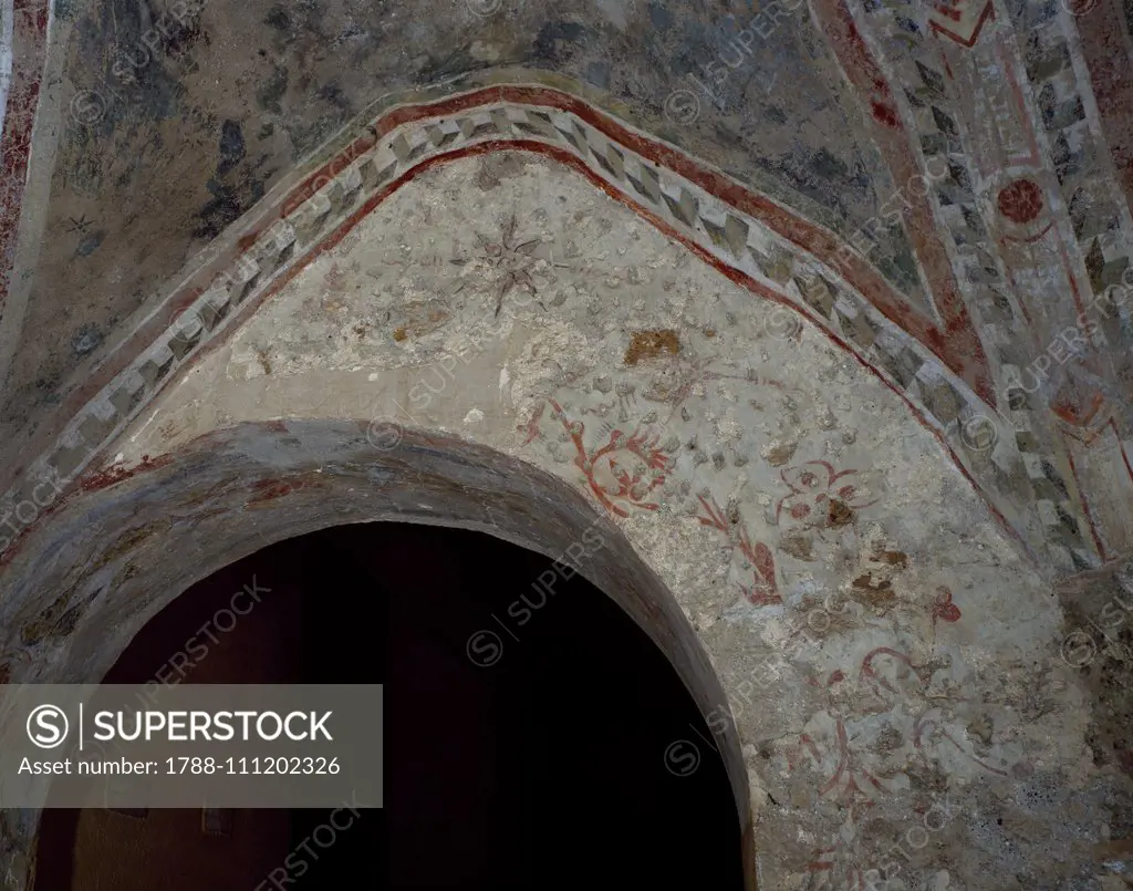 Fresco in the cloister of the Cosmati of the Abbey of Saint Scholastica, Subiaco, Lazio, Italy, 6th-14th century.