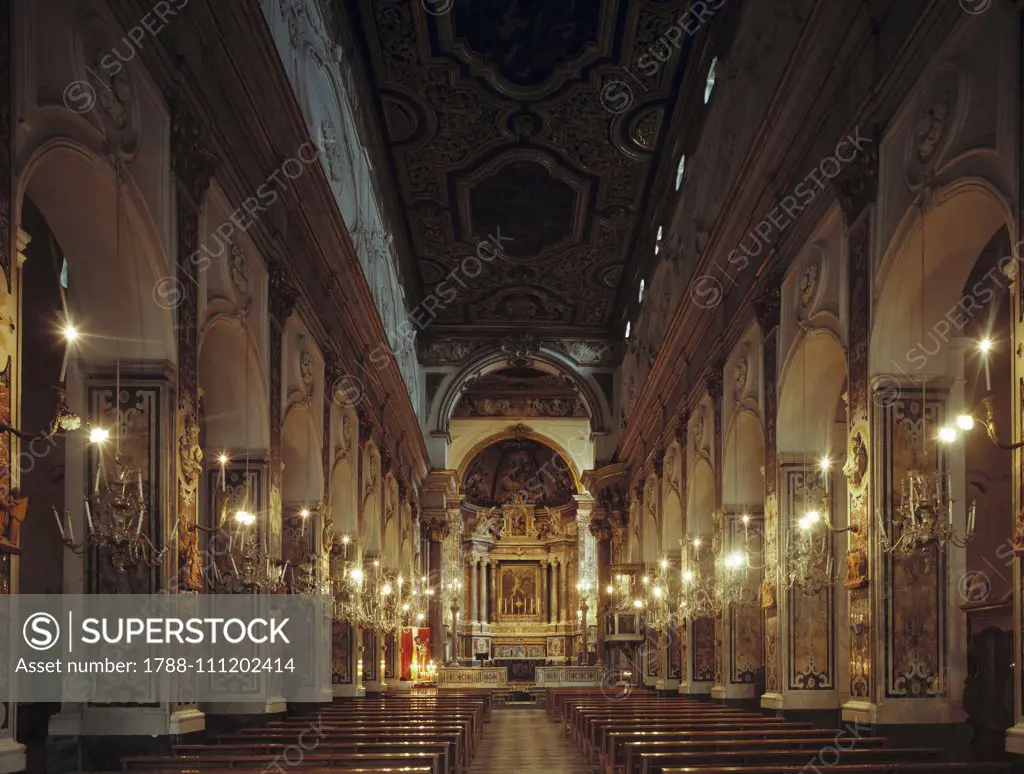 Central nave and altar in Amalfi cathedral, Amalfi Coast (UNESCO World Heritage List, 1997), Campania, Italy.