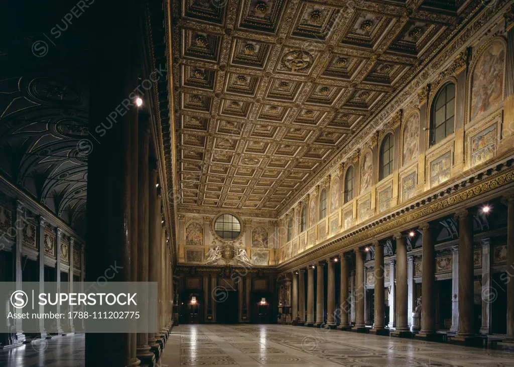 The nave with floor in Cosmatesque style, geometric-decoration floor stonework, 12th century, and lacunar ceiling, 13th century, Basilica of Santa Maria Maggiore (UNESCO World Heritage List, 1980), Rome, Lazio, Italy.