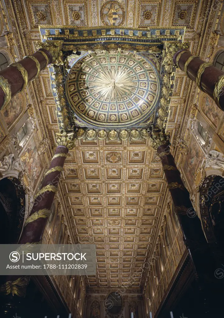 The canopy, ca 1741-1743, made by Ferdinando Fuga (1699-1782), next to the high altar, and the lacunar ceiling, 13th century, of the Basilica of Santa Maria Maggiore (UNESCO World Heritage List, 1980), Rome, Lazio, Italy.