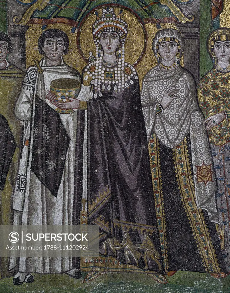 Empress Theodora and her retinue, Byzantine mosaic in the apse of the Basilica of San Vitale (UNESCO World Heritage Site, 1996), Ravenna, Emilia-Romagna, Italy, 6th century, detail.