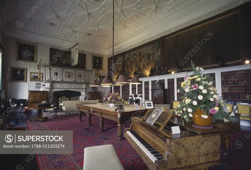 Billiard room with a piano in the foreground, Glamis castle, Angus, Scotland, United Kingdom, 12th-19th century.