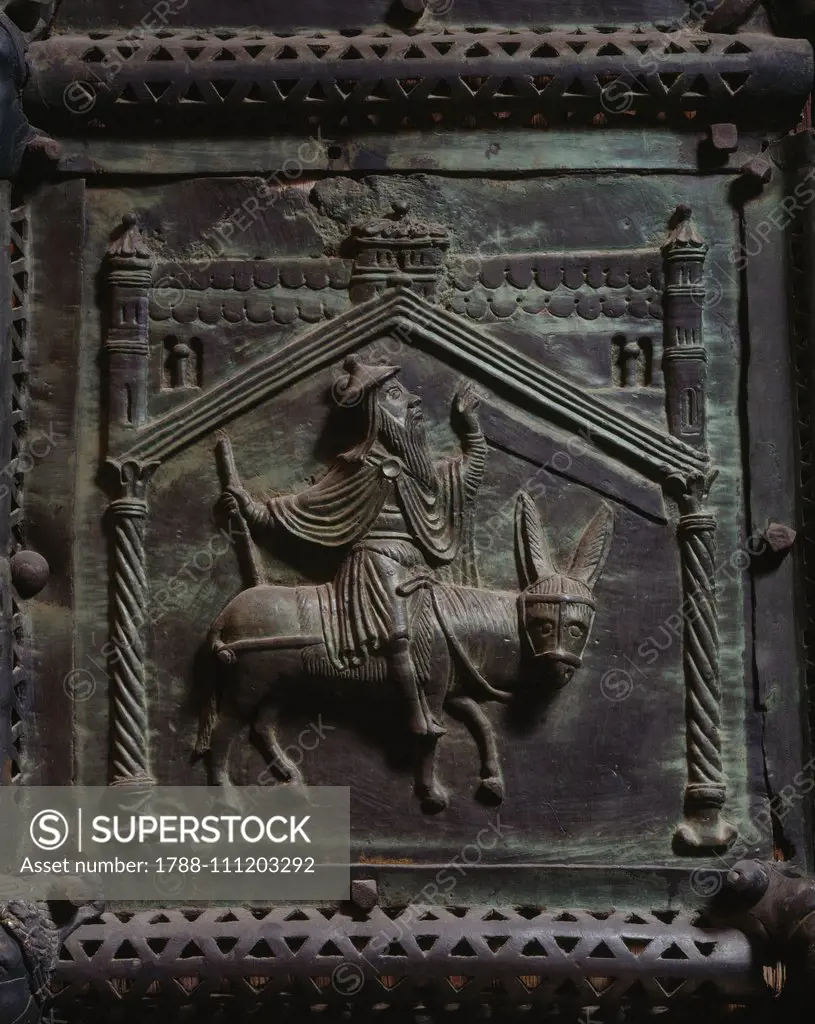 Prophet Balaam on donkey-back, bronze panel, 12th century, portal of the Basilica of Saint Zeno, Verona, Veneto, Italy, 14th century, detail.