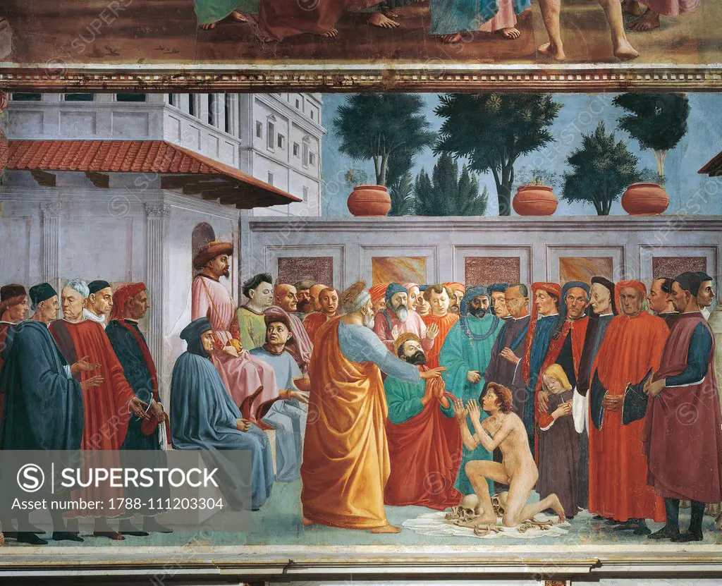 Raising of the son of Theophilus, fresco by Tommaso Masaccio (1401-1428) completed by Filippino Lippi (1457-1504), detail, Brancacci Chapel, Church of Santa Maria del Carmine, Florence (UNESCO World Heritage List, 1982), Tuscany, Italy, 15th century.