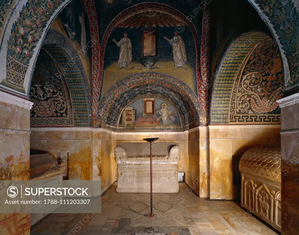 The interior of the Mausoleum of Galla Placidia with the mosaics and the three marble sarcophagi, Ravenna, Emilia-Romagna, Italy, 5th century.