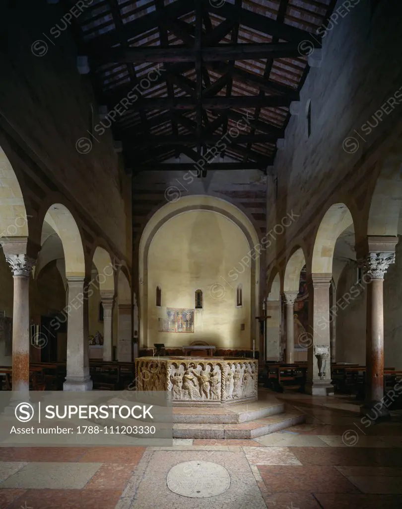 Octagonal baptismal font, baptistery of the Church of San Giovanni in Fonte, Cathedral of Verona, Veneto, Italy, 12th century.