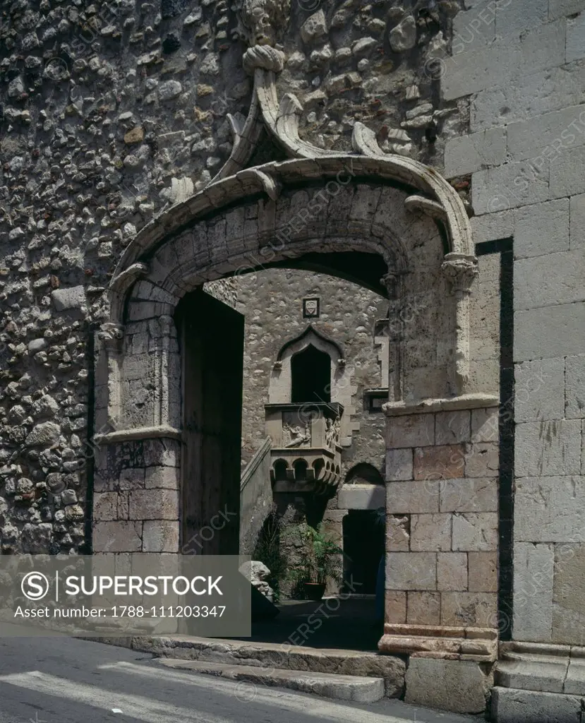 Gothic-Catalan-style entrance to Palazzo Corvaia, Taormina, Sicily, Italy, 15th century.