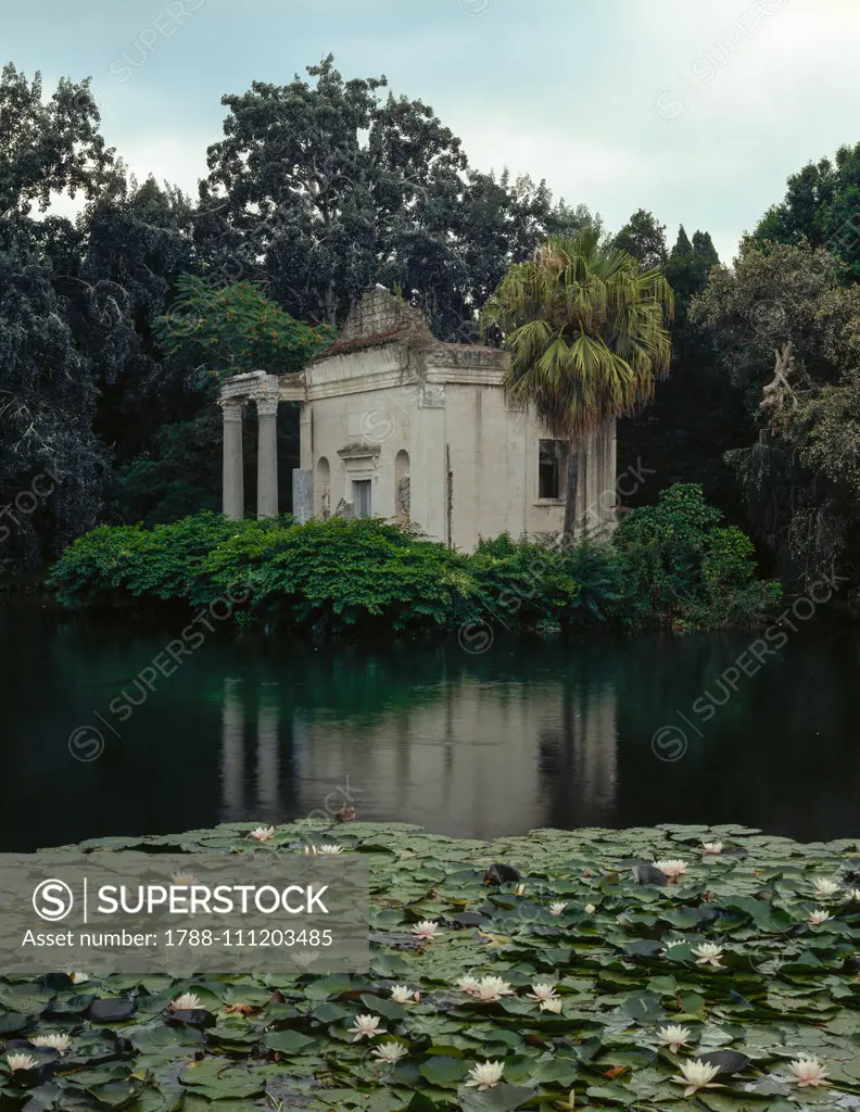 Water lily lake and the cryptoporticus, English garden at the Royal palace of Caserta (UNESCO World Heritage List, 1997), Campania, Italy, 18th-19th century.