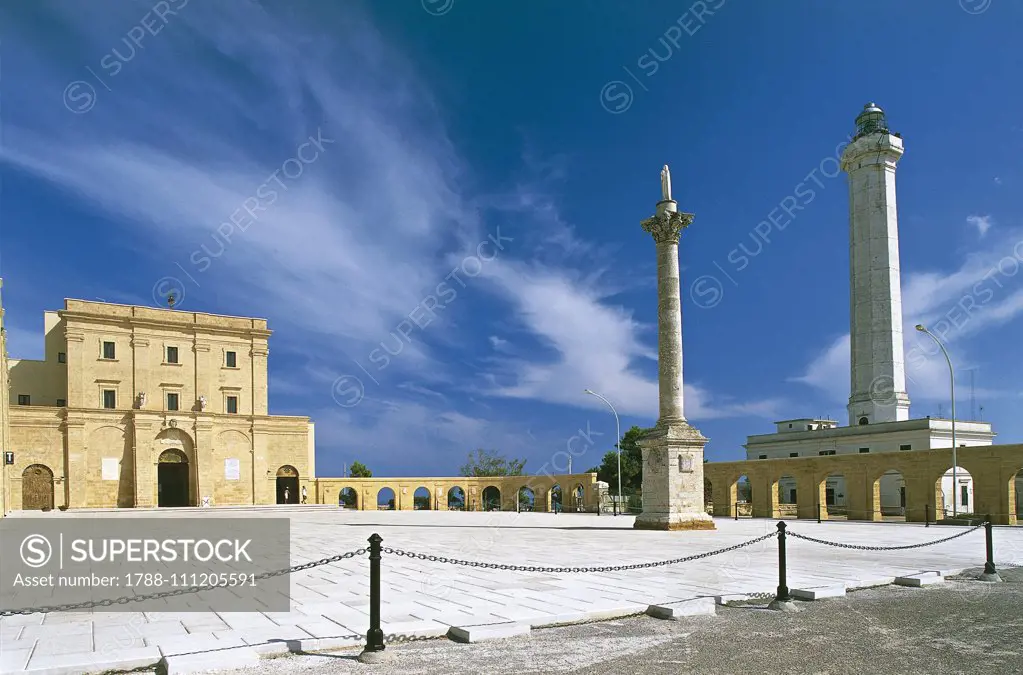 Santa Maria de Finibus Terrae Sanctuary, with a Holy Mary statue on top of a column in the square, Santa Maria di Leuca, Salento, Apulia, Italy, 18th century.