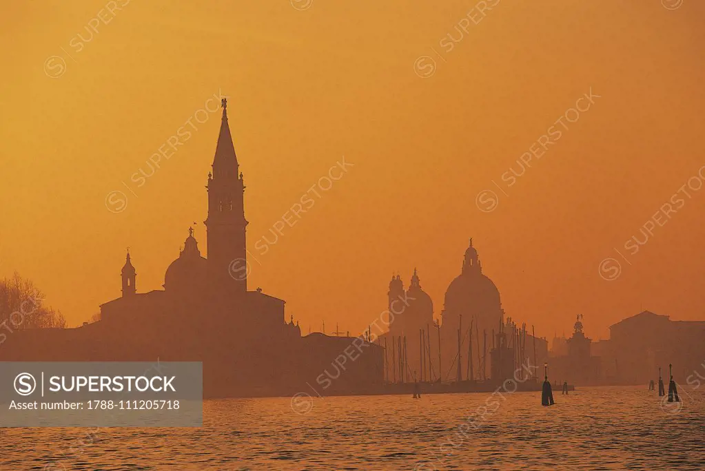 San Giorgio Maggiore Basilica and Saint Mary of Health at sunset, Venice (UNESCO World Heritage List, 1987), Veneto, Italy.