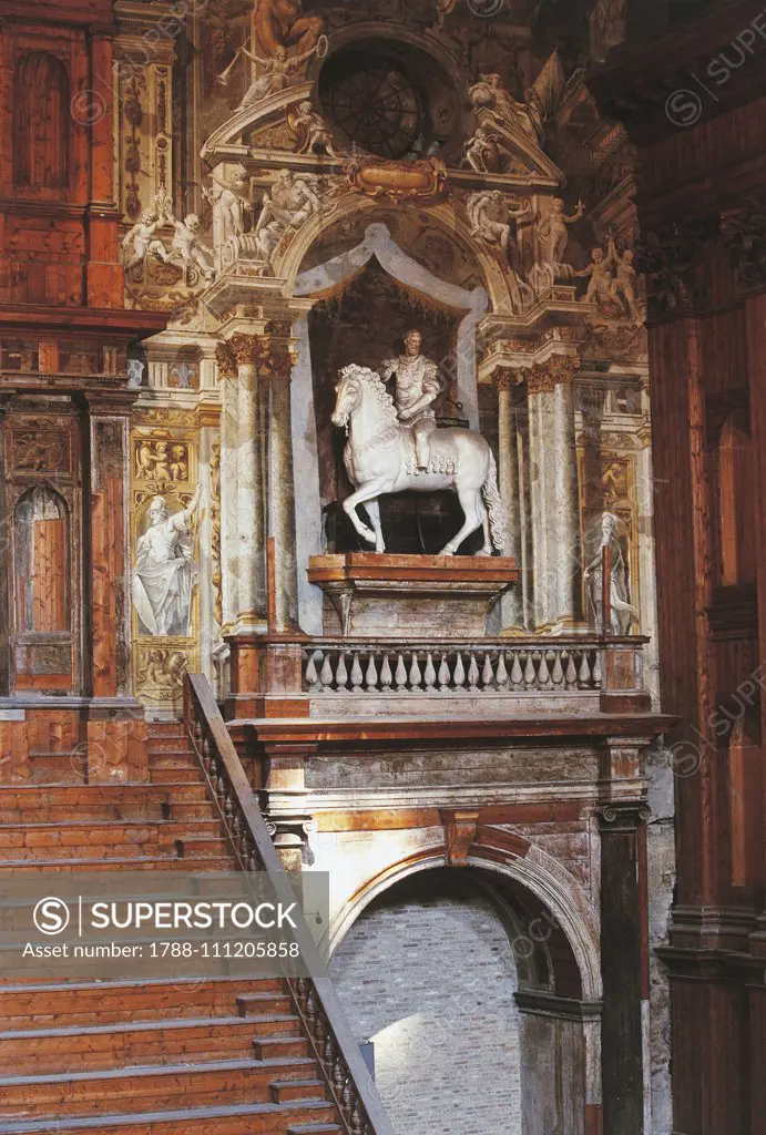 Equestrian statue of Alessandro Farnese in the cavea of the Farnese Theatre, Palazzo della Pilotta, Parma, Emilia-Romagna, Italy, 17th century.