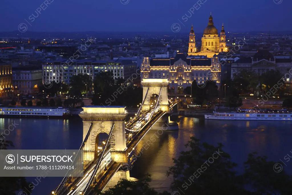 Night view of the Chain Bridge, 1849, Budapest (UNESCO World Heritage List, 1987), Hungary, 19th century.