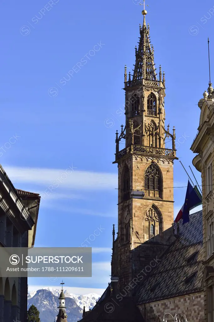 The late Gothic steeple of the Assumption of Our Lady Cathedral, Bolzano, Trentino-Alto Adige, Italy, 16th century.