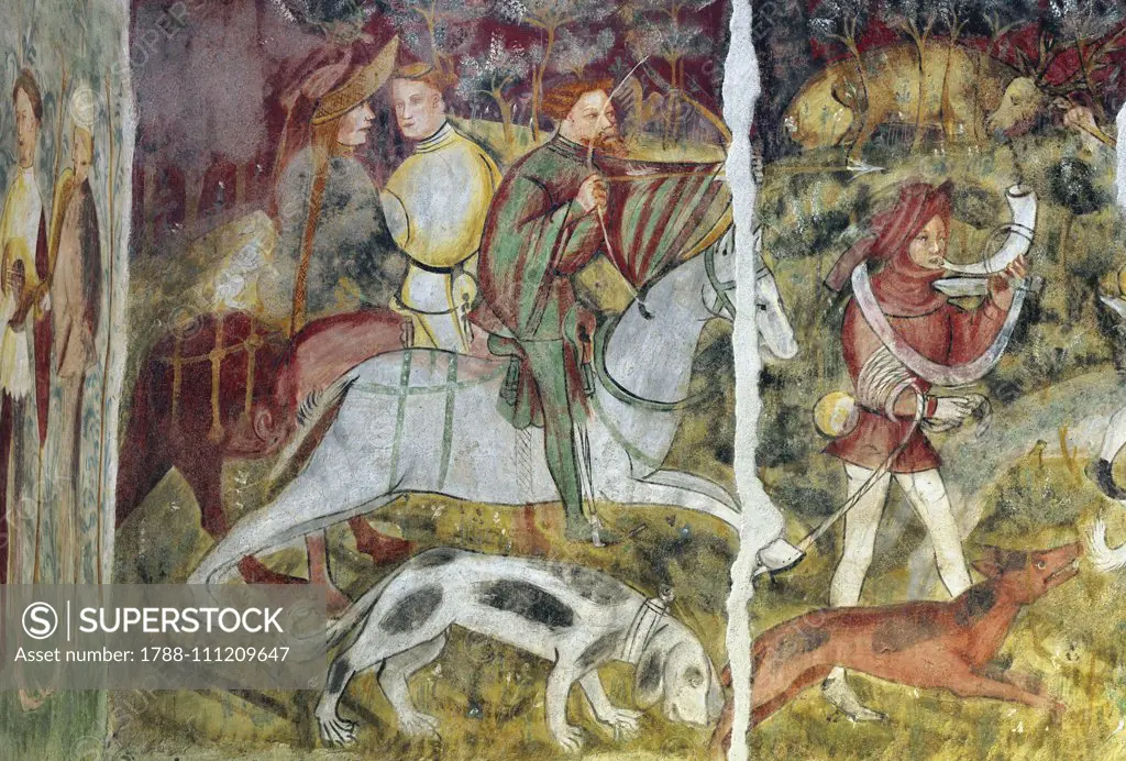 Deer hunting, fresco, Tournament's Room, Castel Roncolo, Renon, near Bolzano, Trentino-Alto Adige, Italy, 14th century.