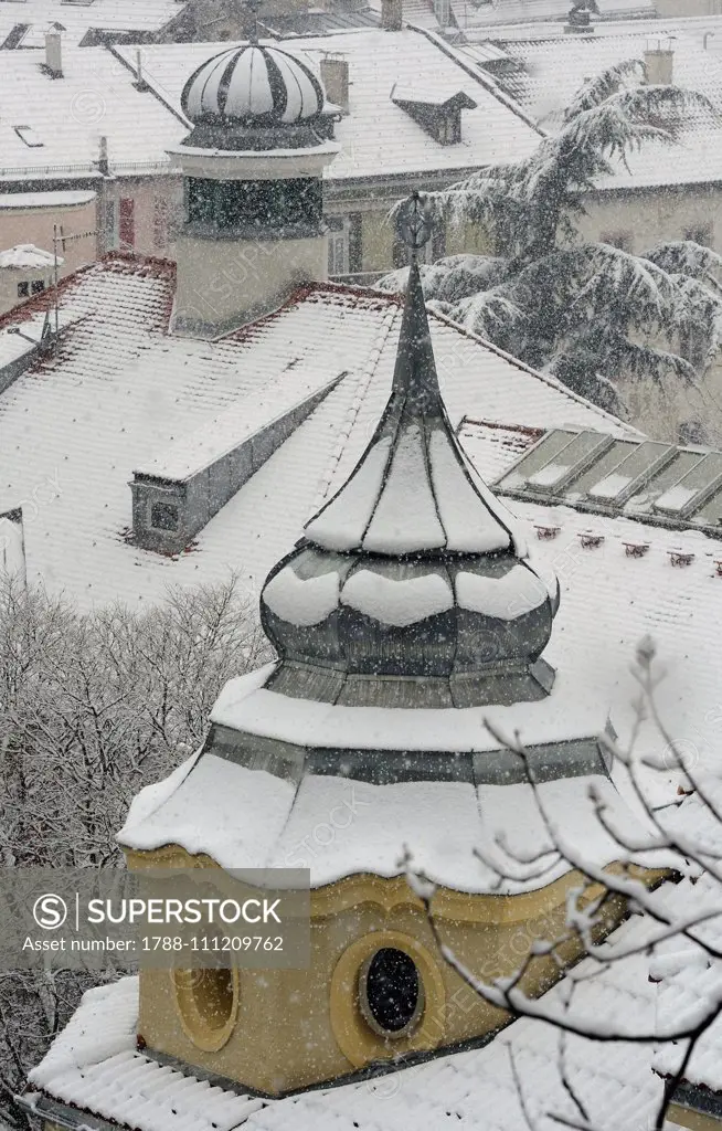 Snow-covered roofs in Merano, Trentino-Alto Adige, Italy.