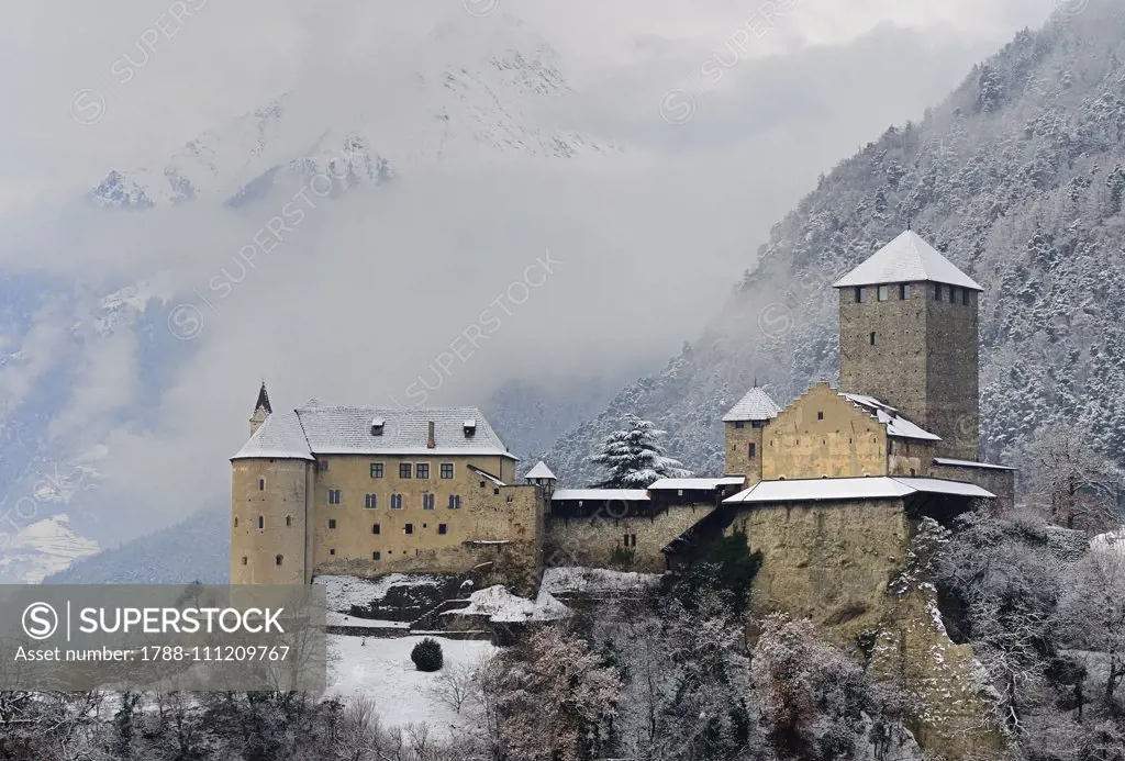 Winter view of Tyrol Castle, Tirolo (Dorf Tirol), Trentino-Alto Adige, Italy, 11th-13th century.