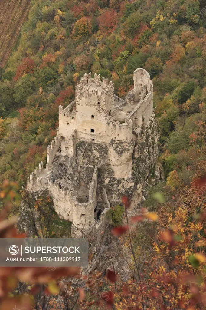 Autumn view of Salorno Castle, Salorno, Trentino-Alto Adige, Italy, 13th century.