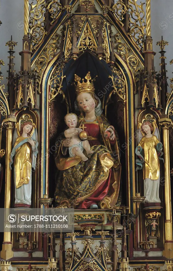 Madonna with child, wooden statue above the altar in Saint Mary's Chapel, Saben Abbey, Klausen, Eisack Valley, Trentino-Alto Adige, Italy, 17th century.