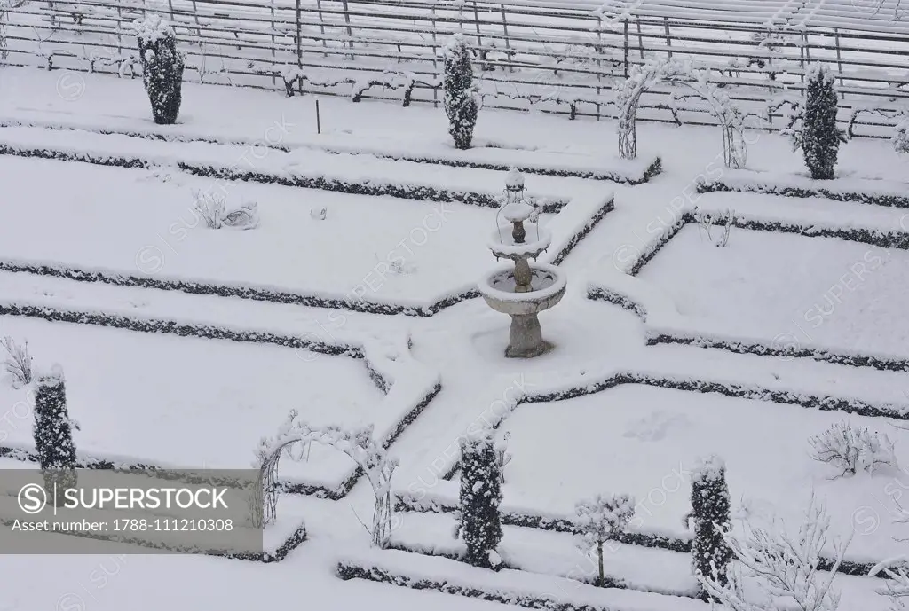 Garden of Novacella Abbey in the snow, Vahrn, Eisack Valley, Trentino-Alto Adige, Italy.