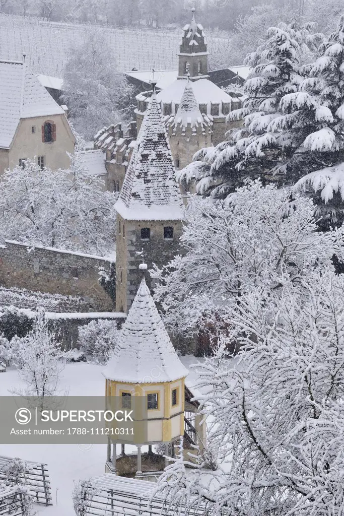 Saint Michael Chapel or Angel Castle in the snow, Novacella Abbey, Vahrn, Eisack Valley, Trentino-Alto Adige, Italy, 12th century.