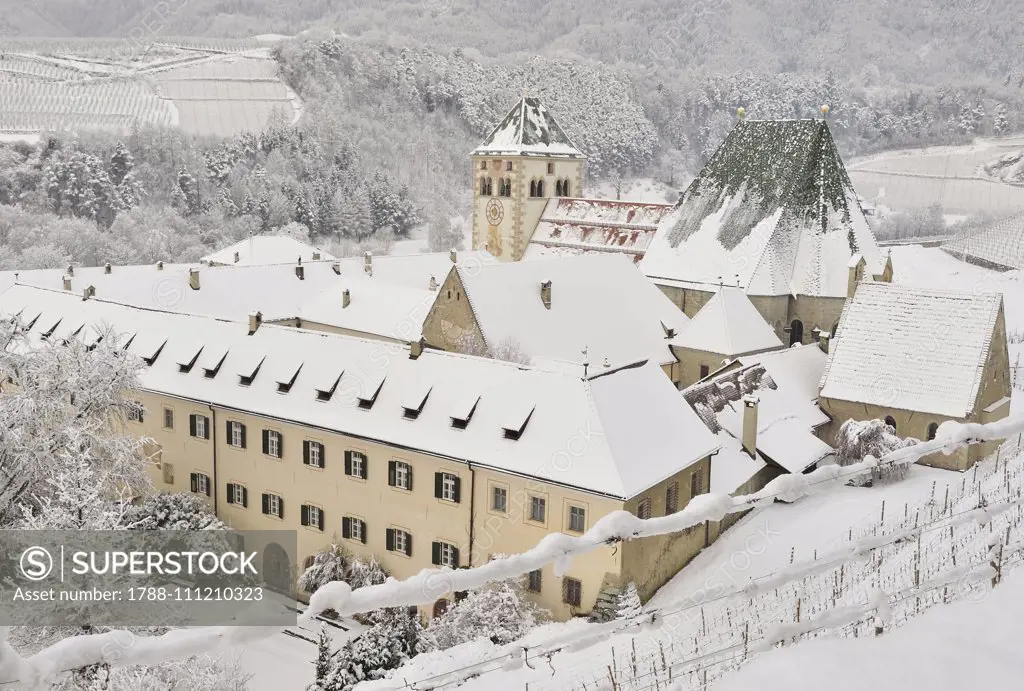 Novacella Abbey in the snow, Vahrn, Eisack Valley, Trentino-Alto Adige, Italy, 12th century.