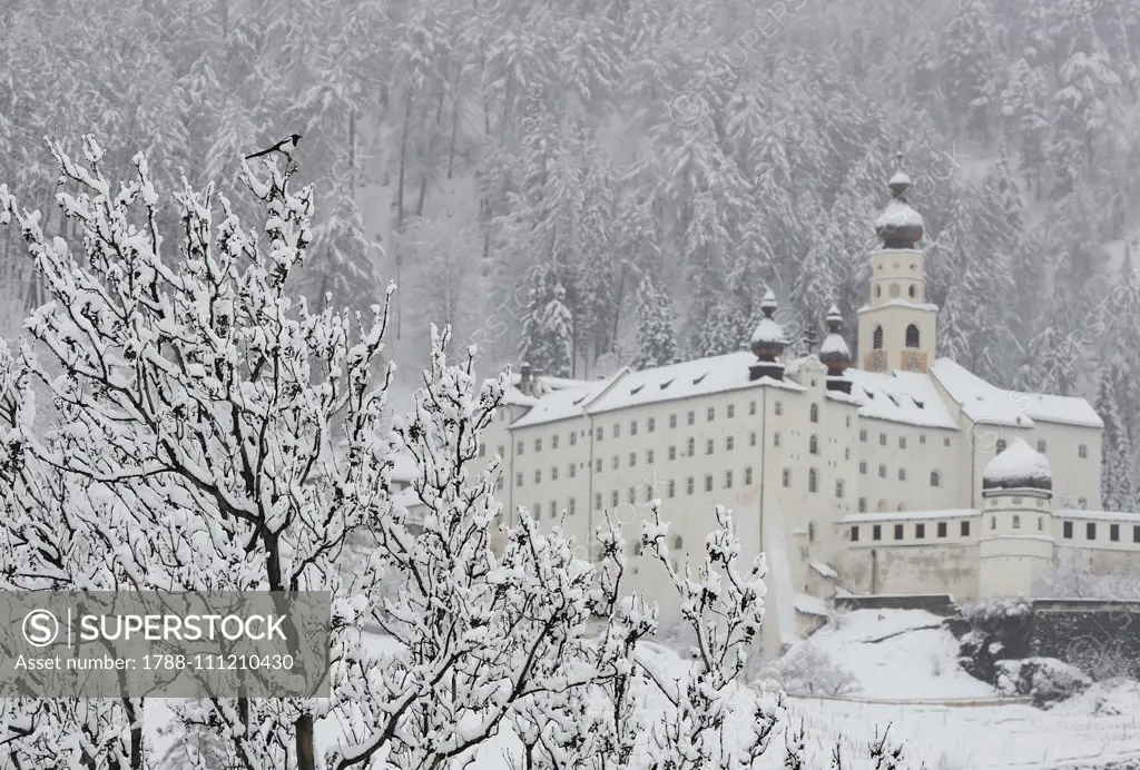 Marienberg Abbey under snow, Burgeis, Upper Vinschgau Valley, Trentino-Alto Adige, Italy, 12th century.