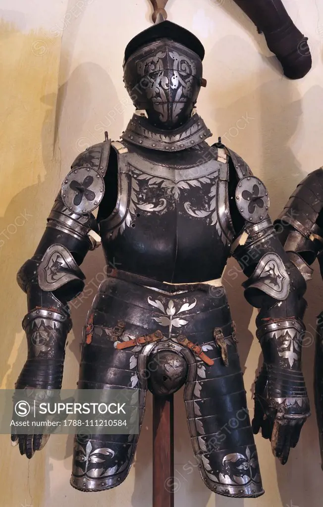 Armor in the Armory of Churburg Castle, the largest private armory in the world, 1260, Schluderns, Bolzano, Trentino-Alto Adige, Italy.