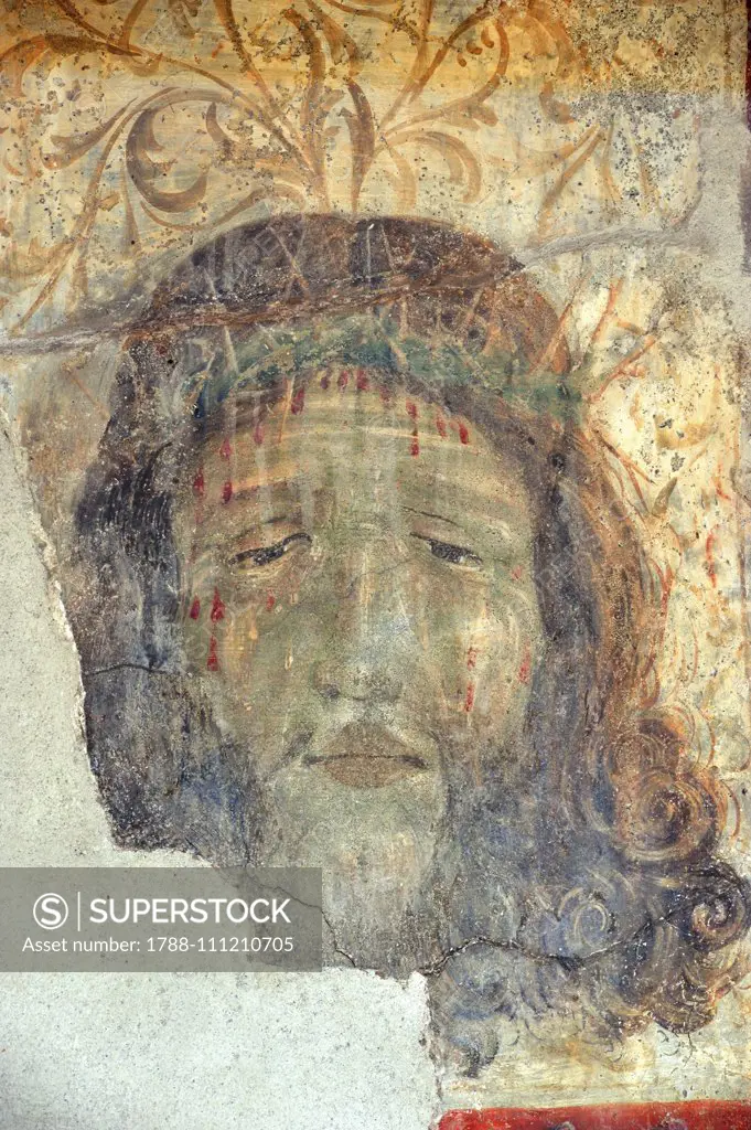 Jesus' face, fresco in the Church of Saint George, Taisten, Puster Valley, Trentino-Alto Adige, Italy, 9th century, detail.