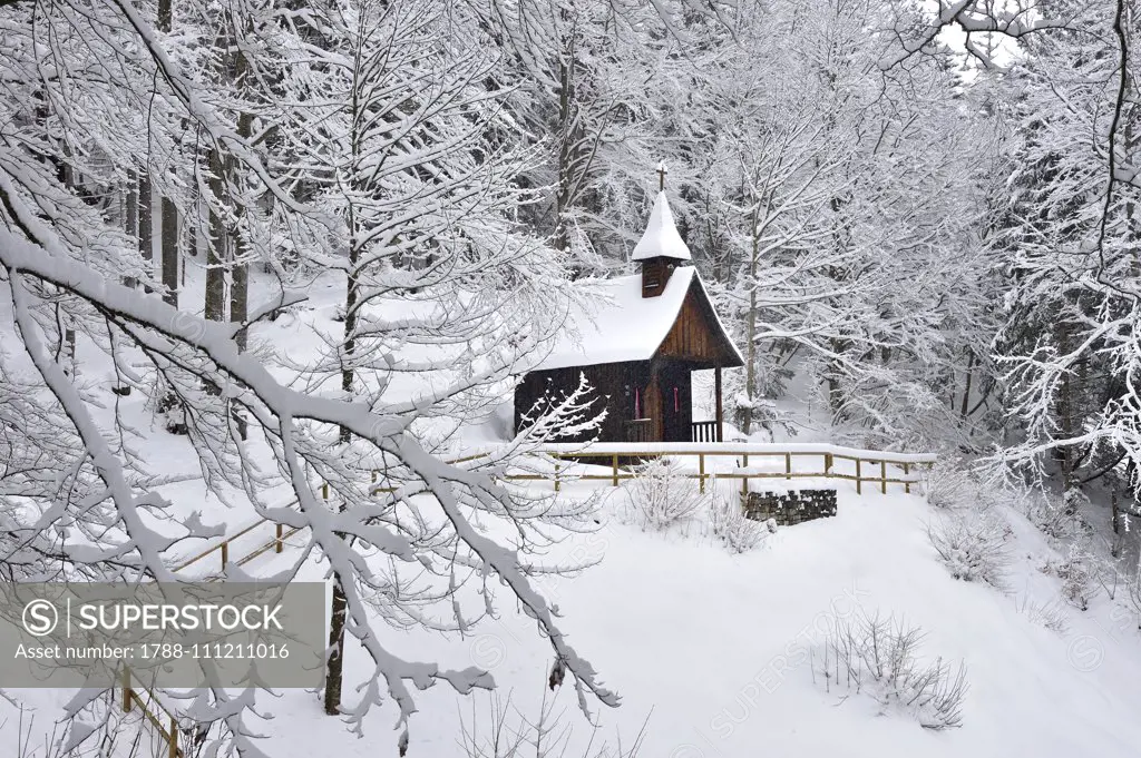 Wooden church in the snow, in the military cemetery for the soldiers fallen during World War I, Slaghenaufi, Lavarone, Trentino-Alto Adige, Italy.