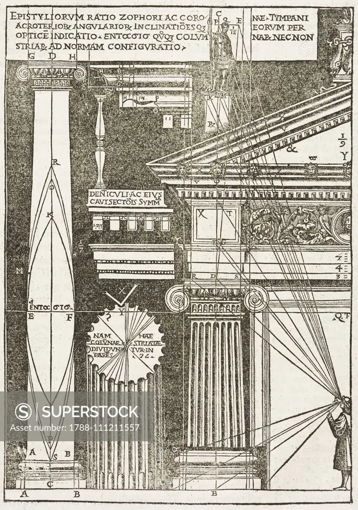 Proportions of columns, trabeation and tympanum in the Ionic order, engraving from a drawing by Cesare Cesariano, from De Architectura libri dece traducti de latino in vulgare (The Ten Books on Architecture translated from Latin to vulgar), Volume III, by Lucius Vitruvius Pollio, 1521, Como.