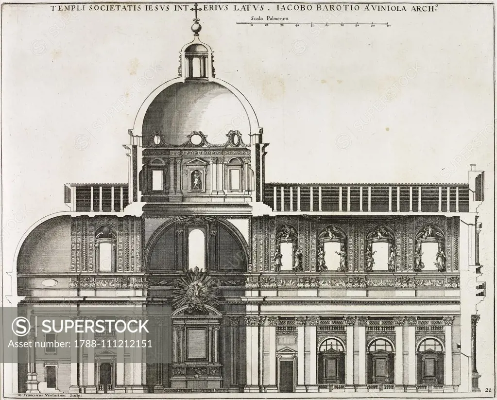 Longitudinal section of the Church of the Gesu, 1568-1580, designed by Jacopo Barozzi da Vignola (1507-1573), Rome, Lazio, Italy, engraving from Insignium Romae Templorum Prospectus, by Giovanni Giacomo De Rossi, plate 21, 1684, Rome.