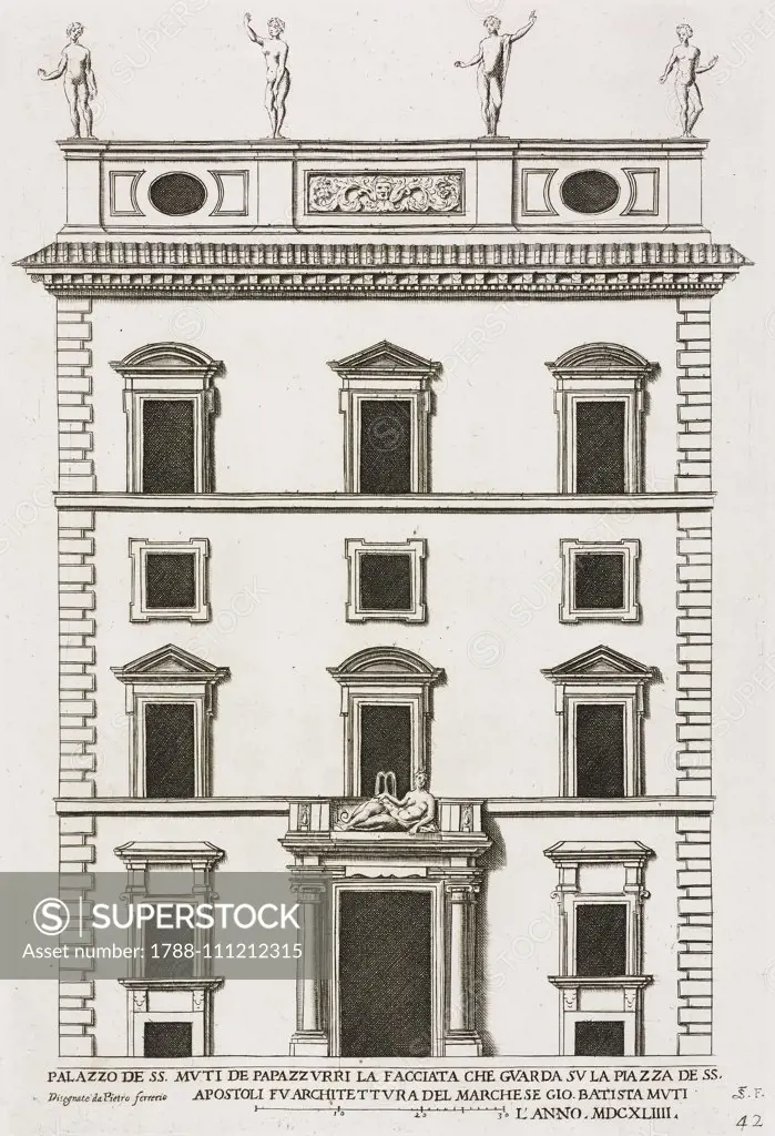 Facade of Palazzo Muti Papazzurri, by Giovanni Battista Muti, 1644, Rome, Italy, etching, drawing by Pietro Ferrerio, from Palazzi di Roma de piu celebri architetti, libro primo (Palaces in Rome by the most famous Architecs, volume I), 1638.