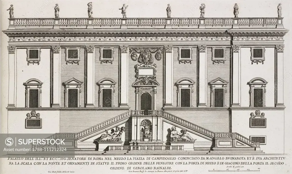 Facade of Palazzo Senatorio sul Campidoglio, by Michelangelo Buonarroti, Giacomo della Porta and Girolamo Rainaldi, Rome, Italy, etching by Giovanni Battista Falda, from Nuovi disegni delle architetture e piante de Palazzi di Roma de' piu celebri architetti, di Pietro Ferrerio, libro secondo (New drawings of the architecture and plans of Palaces in Rome by the most famous Architecs, by Pietro Ferrerio, volume II), 1655.