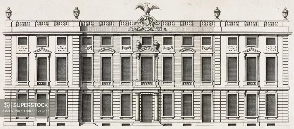 Facade of Dyrham House, South Gloucestershire, United Kingdom, engraving by Henry Hulsbergh from a drawing by Campbell, from Vitruvius Britannicus or The British Architect, containing the plans, elevations and sections of the regular buildings both public and private in Great Britain, Volume II, by Colen Campbell, 1717, London.