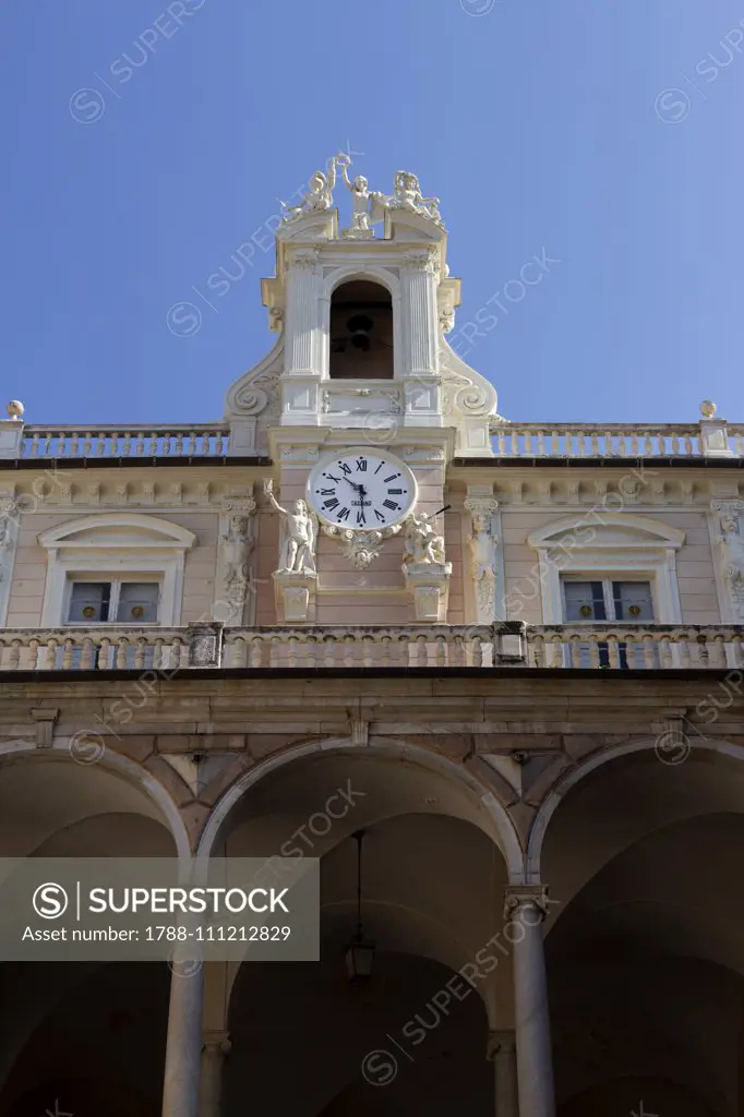 Loggia and clock, inner courtyard, Palazzo Doria-Tursi, 1565, by Domenico and Giovanni Ponzello, one of the Palazzi dei Rolli in Genoa, or Palaces of the Lists (UNESCO World Heritage List, 2006), city hall, Liguria, 16th century. Detail.