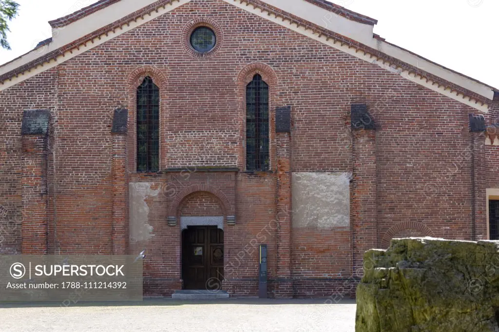 Facade of the Abbey of San Nazzaro della Costa, Romanesque style, Novara, Piedmont, Italy, 12th century.