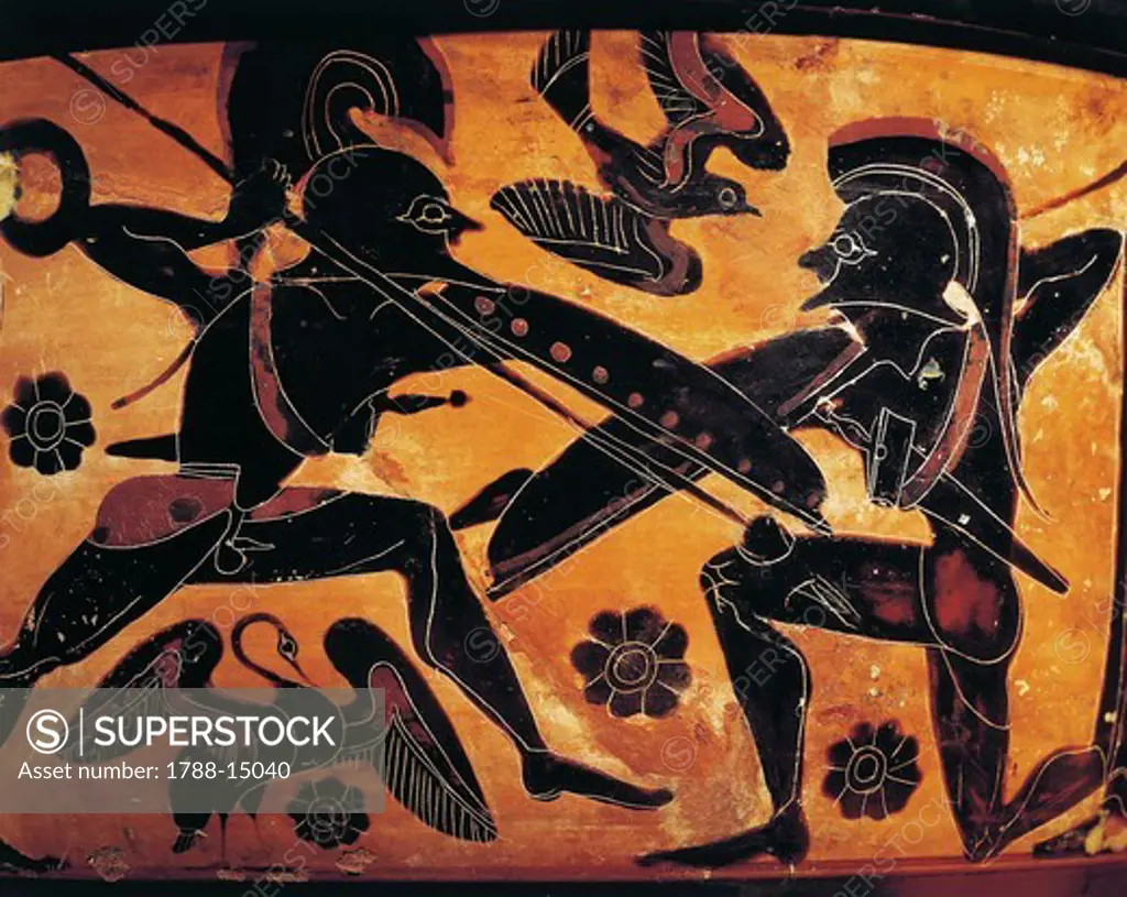 Greek civilization, Black-figure pottery, Attic vase depicting clash between two warriors