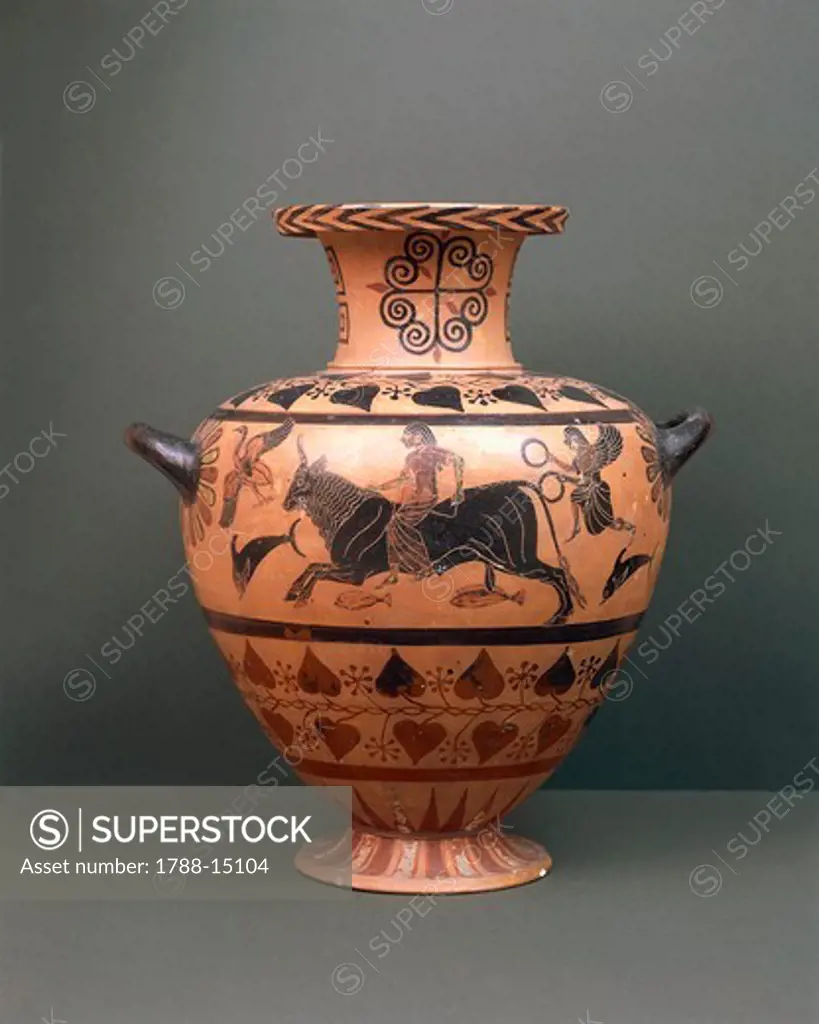 Etruscan civilization, black-figure pottery, Hydria depicting 'The Abduction of Europe'